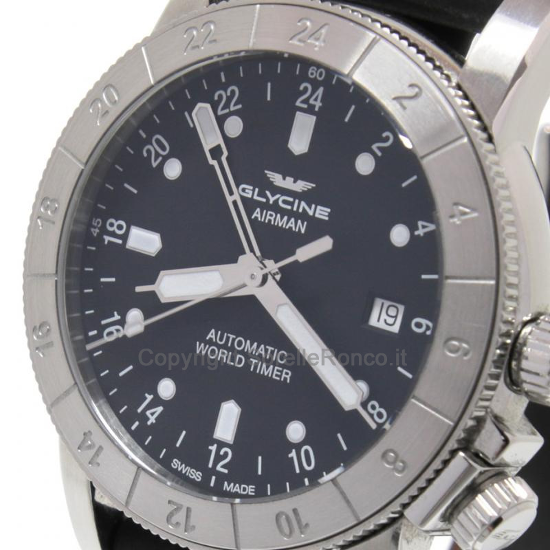 GLYCINE AIRMAN WORLD TIMER PELLE NERA 42MM