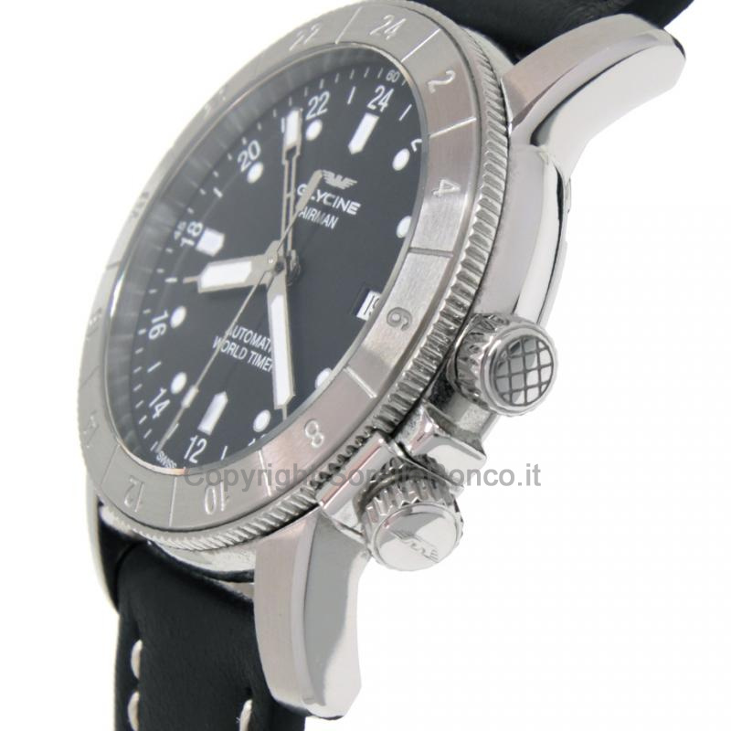 GLYCINE AIRMAN WORLD TIMER PELLE NERA 42MM