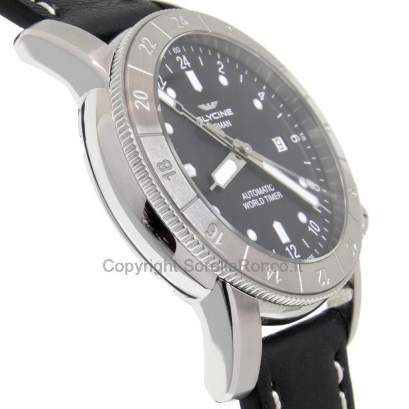 GLYCINE AIRMAN WORLD TIMER PELLE NERA 42MM