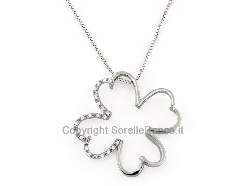 COLLANA QUADRIFOGLIO ORO BIANCO ZIRCONI