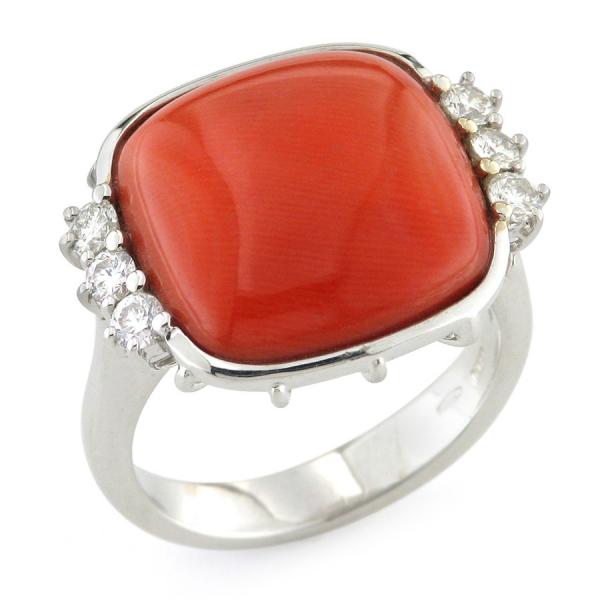 CF00177 - Anello in Oro Bianco Diamanti e Corallo Rosso