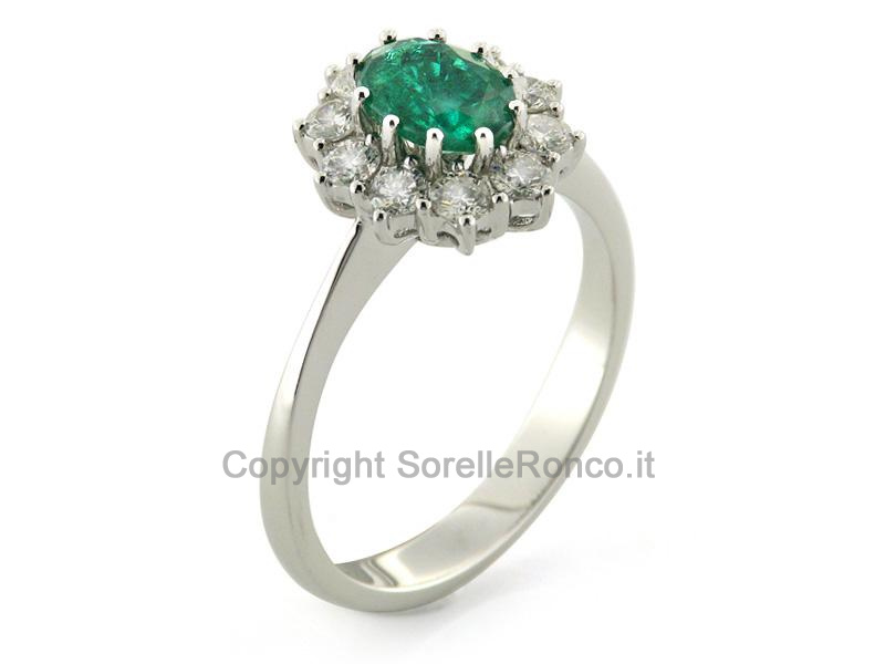 ANELLO ORO BIANCO DIAMANTI E SMERALDO 0.74-0.78 CT