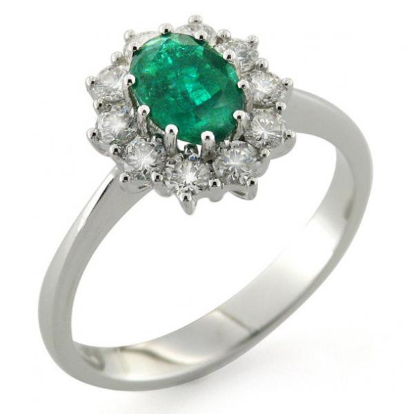 CF00429 - Anello Oro Bianco Diamanti e Smeraldo 0.74-0.78 Ct