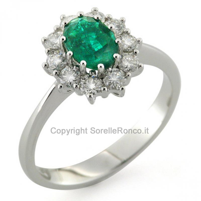 ANELLO ORO BIANCO DIAMANTI E SMERALDO 0.74-0.78 CT