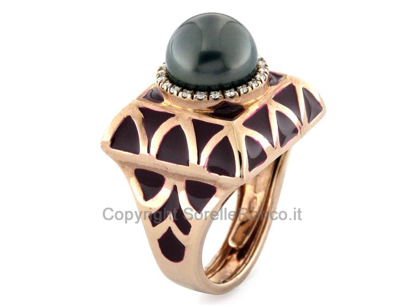 ANELLO ORO ROSA DIAMANTI E PERLA Ø 10MM
