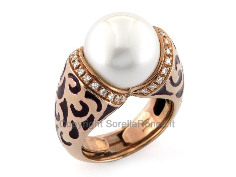 ANELLO ORO ROSA DIAMANTI E PERLA Ø 10MM