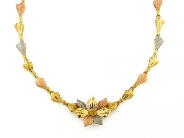 CF01588 - Girocollo Foglie e Fiore in Oro 18 Kt