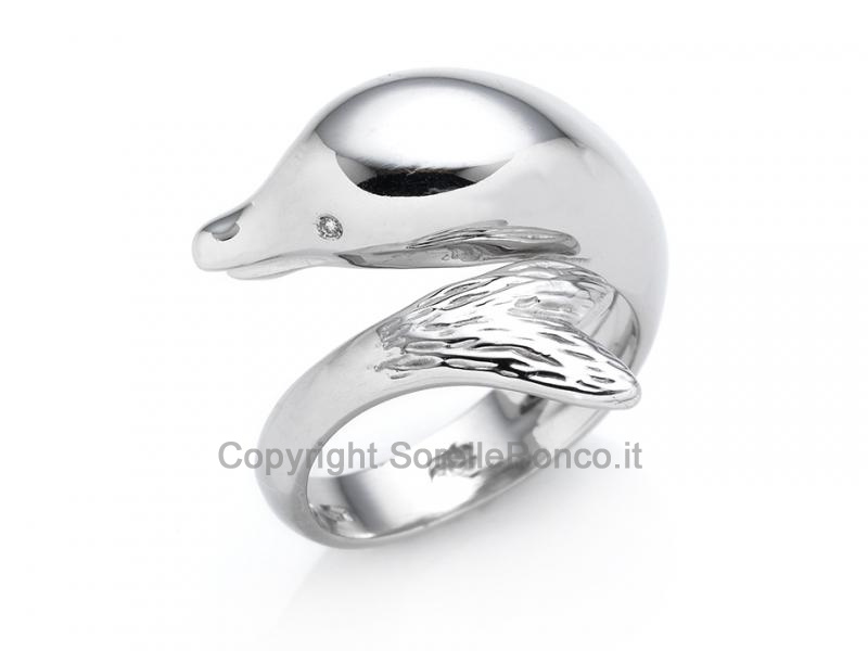 ANELLO ORO BIANCO DELFINO CON ZIRCONI