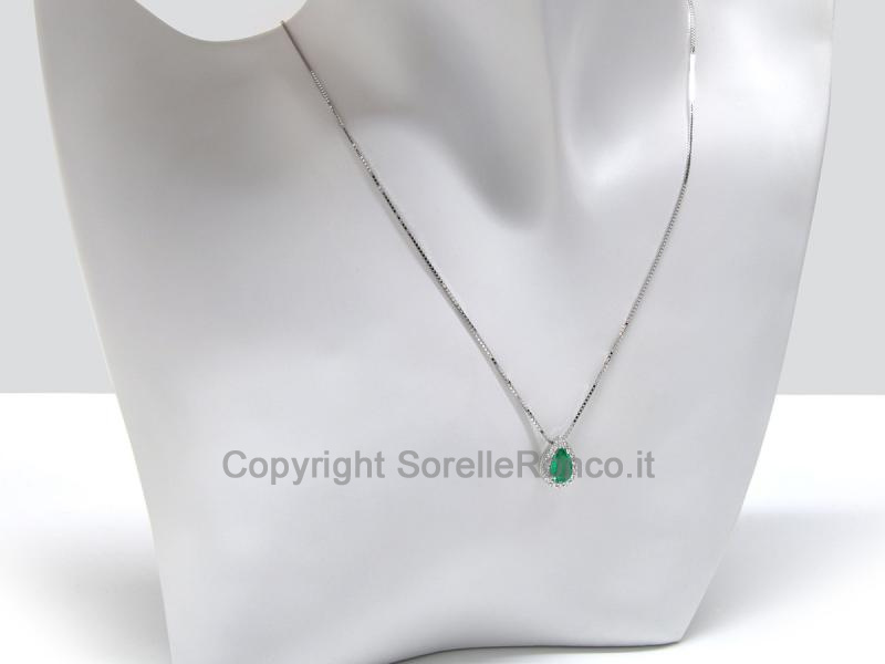 COLLANA ORO BIANCO CON DIAMANTI E SMERALDO GOCCIA