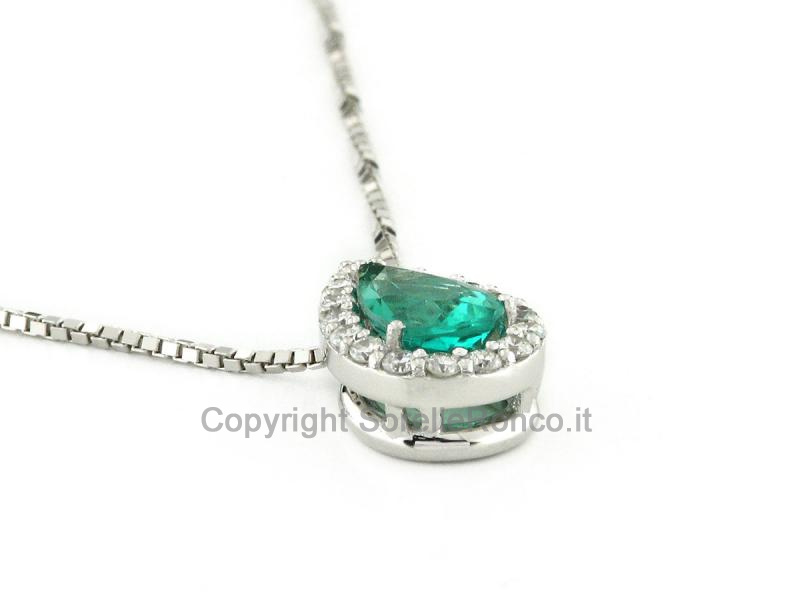 COLLANA ORO BIANCO CON DIAMANTI E SMERALDO GOCCIA