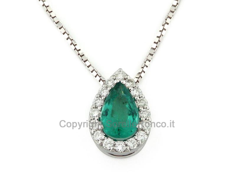 COLLANA ORO BIANCO CON DIAMANTI E SMERALDO GOCCIA