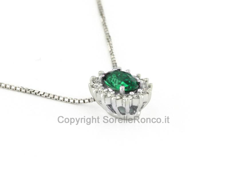 COLLANA ORO BIANCO CON DIAMANTI E SMERALDO OVALE