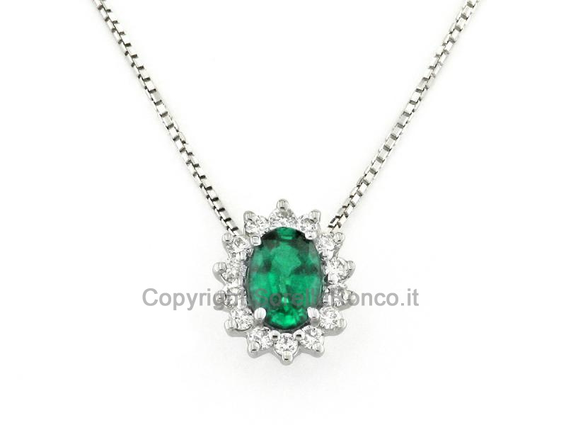 COLLANA ORO BIANCO CON DIAMANTI E SMERALDO OVALE