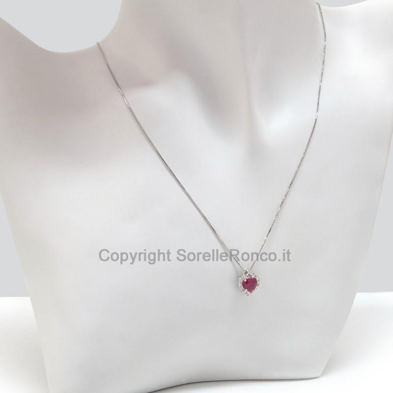 COLLANA ORO BIANCO 18 KT  DIAMANTI E RUBINO CUORE