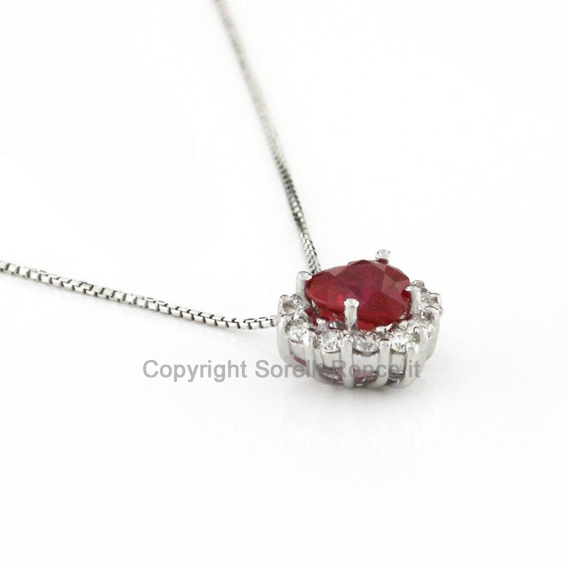 COLLANA ORO BIANCO 18 KT  DIAMANTI E RUBINO CUORE