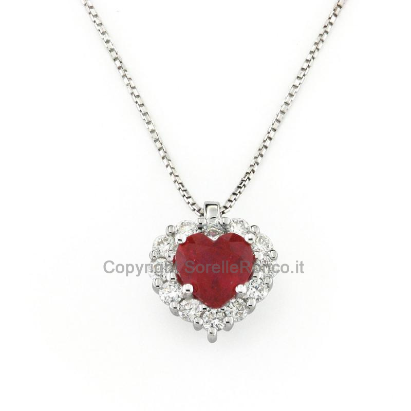 COLLANA ORO BIANCO 18 KT  DIAMANTI E RUBINO CUORE