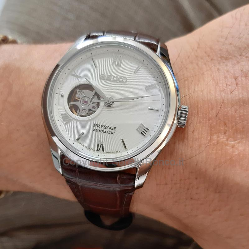 SEIKO PRESAGE 38,3MM SILVER OPEN HEART PELLE