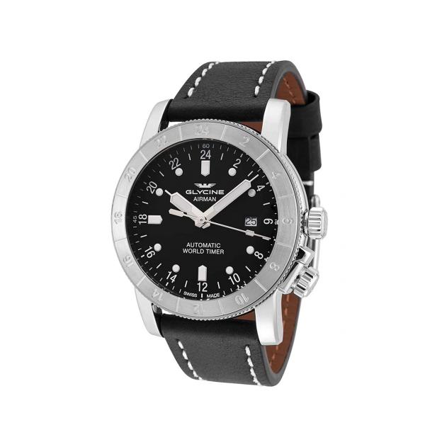 GL0137 - Glycine Airman World Timer Nero 44mm Pelle Nera