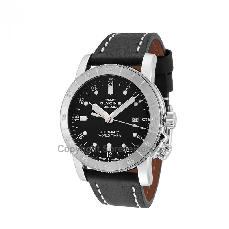 GLYCINE AIRMAN WORLD TIMER NERO 44MM PELLE NERA