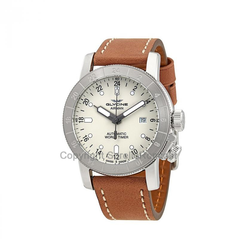 GLYCINE AIRMAN WORLD TIMER SILVER 44MM PELLE