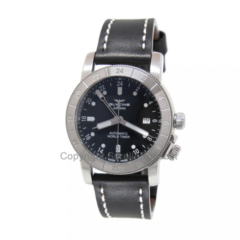 GLYCINE AIRMAN WORLD TIMER PELLE NERA 42MM