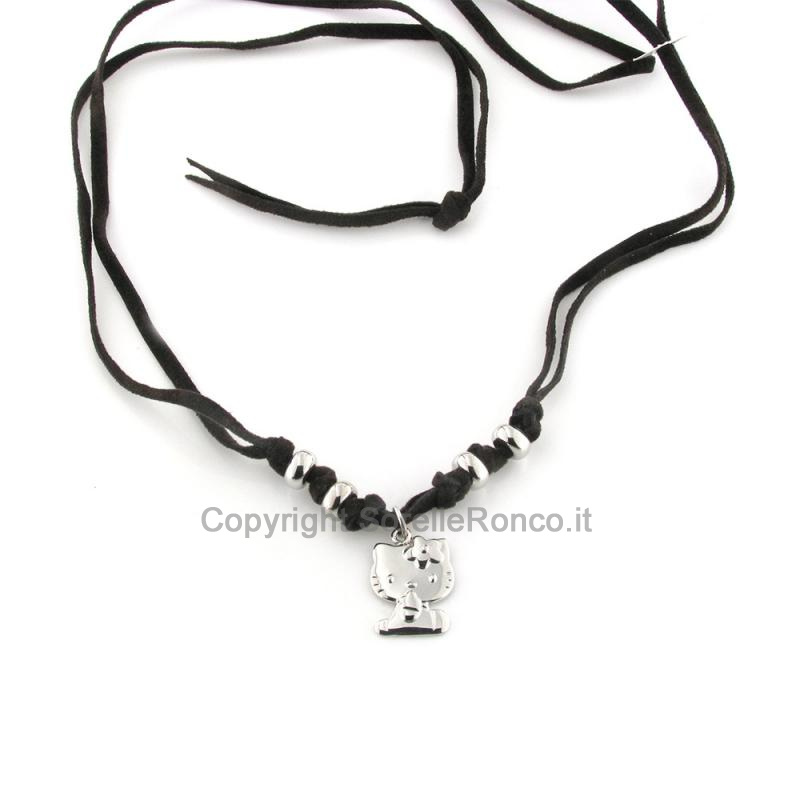 HELLO KITTY COLLANA ARGENTO CORDA MARRONE