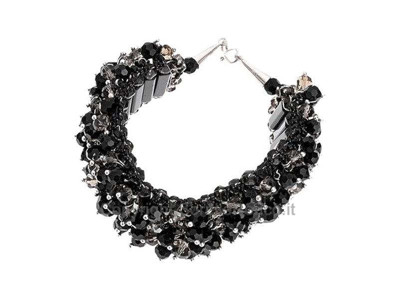 BRACCIALE ONICE NERA E QUARZI GRIGI