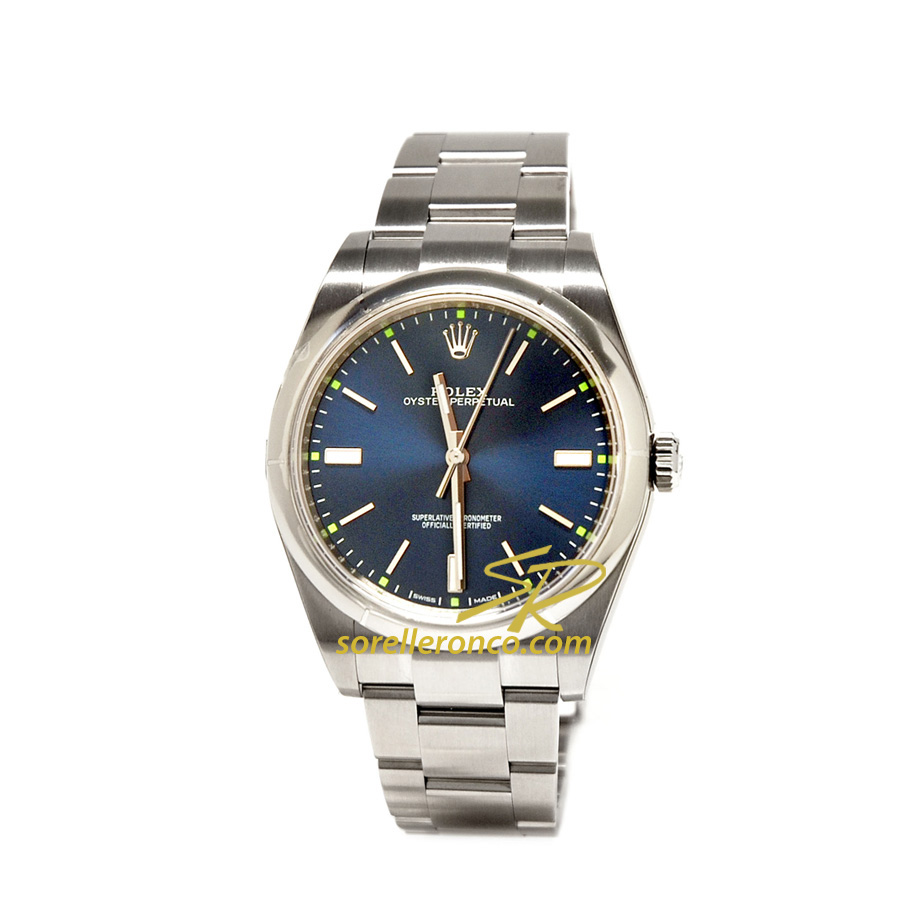 Oyster Perpetual Blu 39mm Bracciale Acciaio Punti Verdi