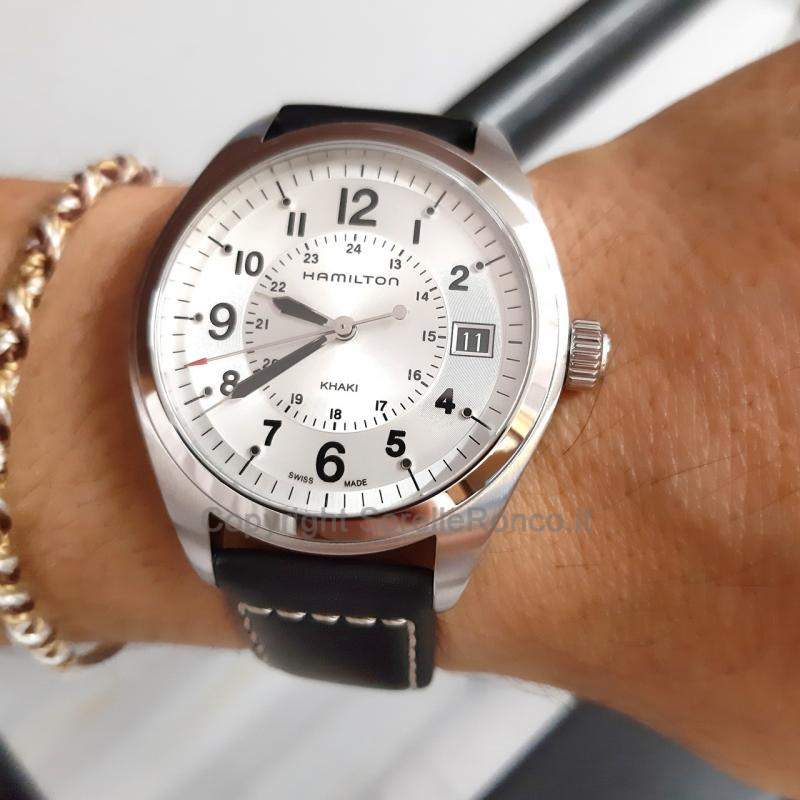 HAMILTON KHAKI FIELD SILVER 40MM PELLE NERA