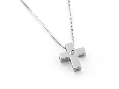 Collana con Pendente Croce Oro Bianco e Diamante