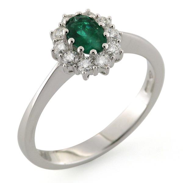 CF00430 - Anello Oro Bianco Diamanti e Smeraldo 4x6mm