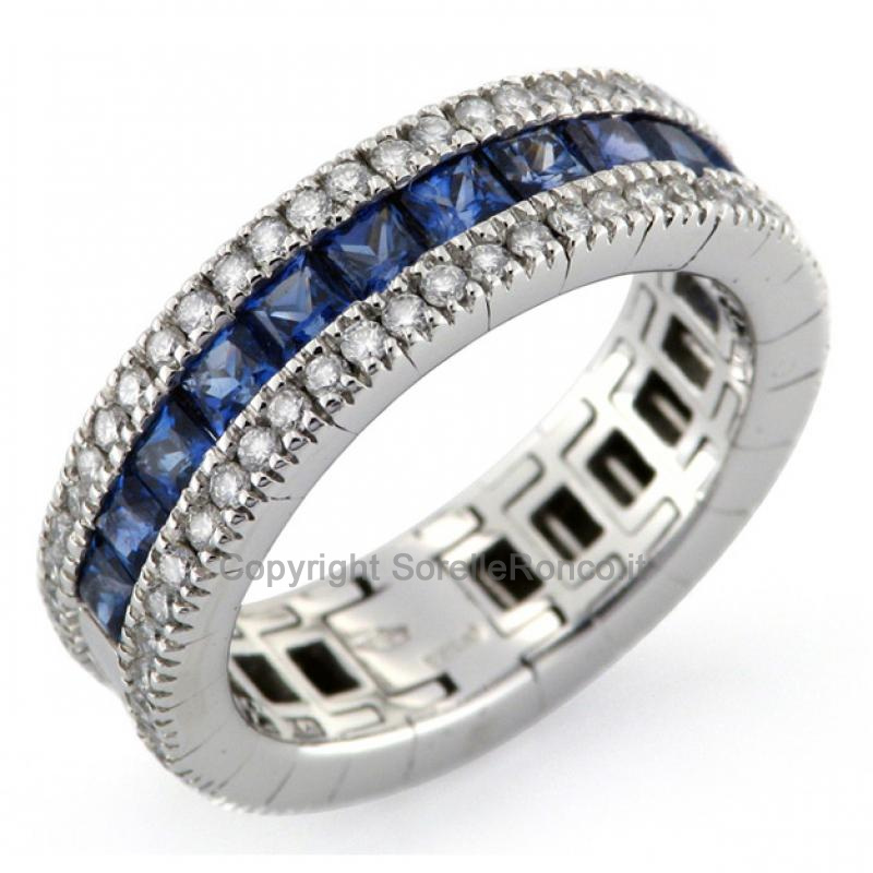ANELLO ETERNITY ORO 18KT ZAFFIRI CARRE E DIAMANTI 