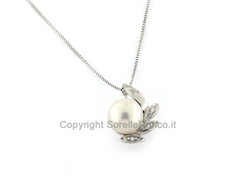 COLLANA ORO CON PERLA 7,5MM E DIAMANTI