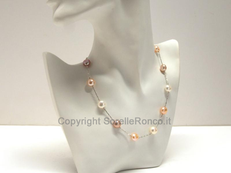 COLLANA ORO BIANCO CON PERLE MULTICOLOR