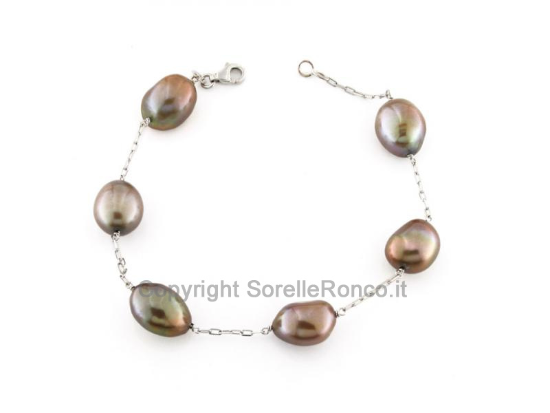 BRACCIALE ORO BIANCO CON PERLE CHOCOLATE