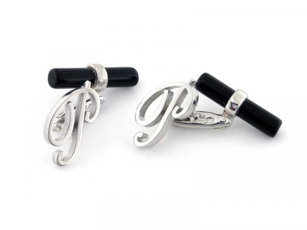 CF00912-P - Gemelli con Onice e Lettera P in Argento