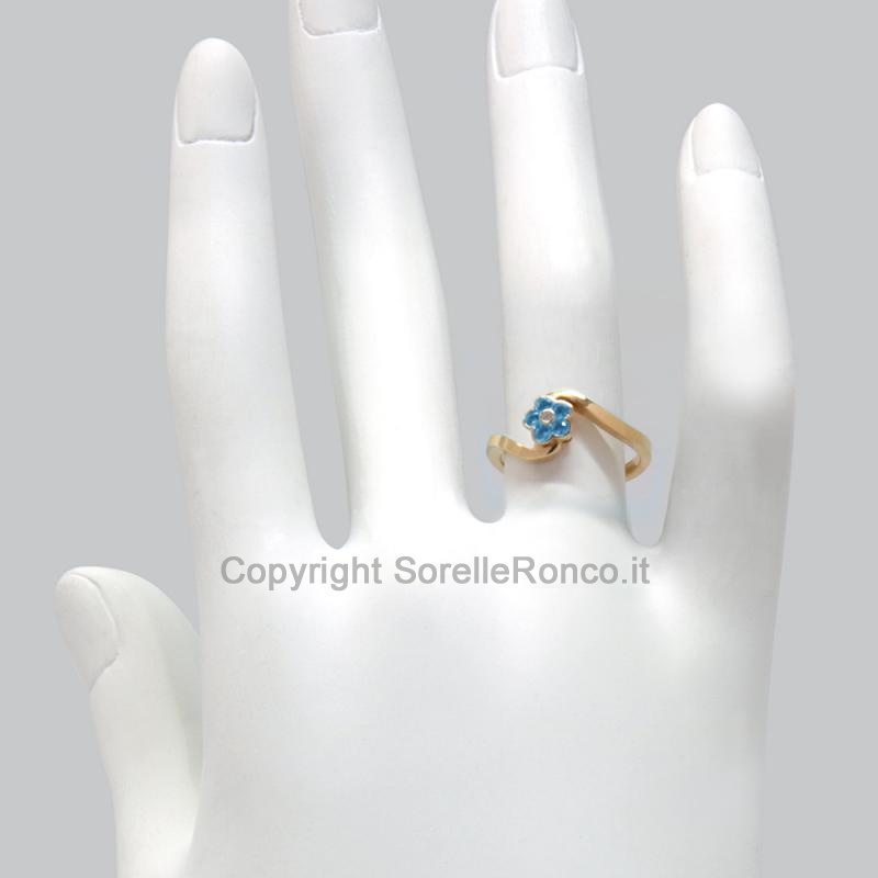 ANELLO FIORE BLU IN ORO GIALLO E ZIRCONI
