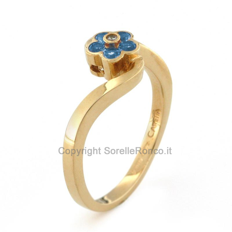 ANELLO FIORE BLU IN ORO GIALLO E ZIRCONI