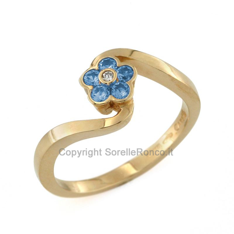 ANELLO FIORE BLU IN ORO GIALLO E ZIRCONI