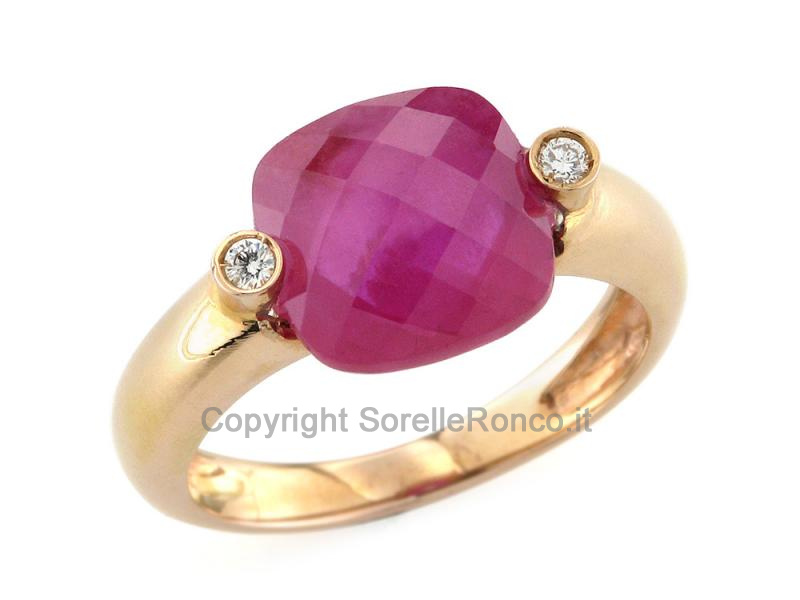 ANELLO ORO ROSA 18 KT CON BRILLANTI E CORINDONE 