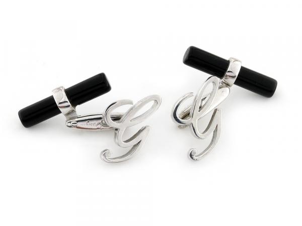 CF02222 - Gemelli con Onice e Lettera G in Oro Bianco 9 Kt