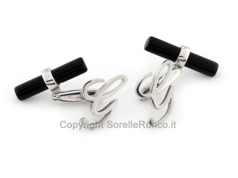 GEMELLI CON ONICE E LETTERA G IN ORO BIANCO 9 KT