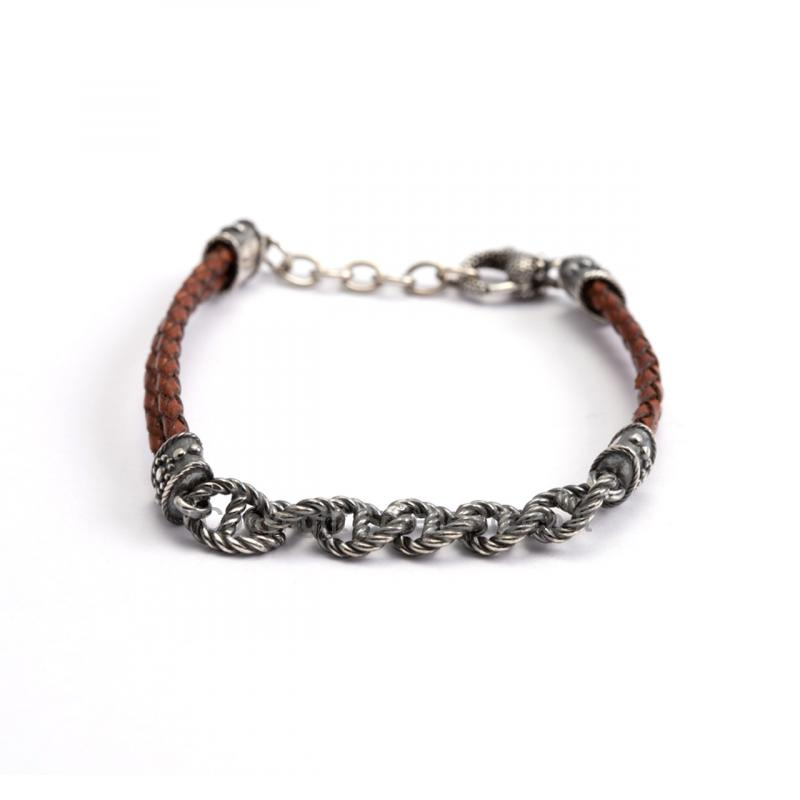 BRACCIALE NELSON PELLE MARRONE CON CATENA ARGENTO