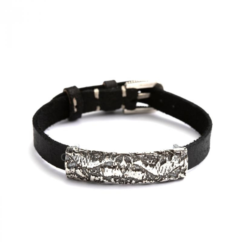 BRACCIALE NELSON WOODARGENTO 925 PELLE NERA