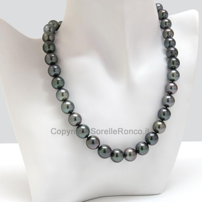 COLLANA PERLE NERE ORO E DIAMANTI Ø10-12MM