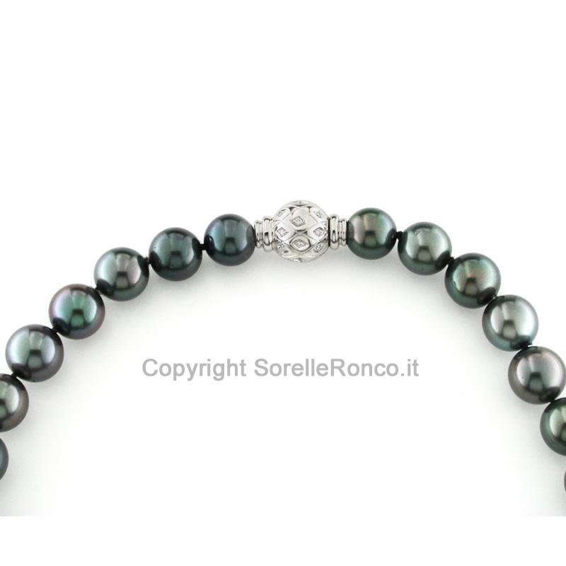 COLLANA PERLE NERE ORO E DIAMANTI Ø10-12MM
