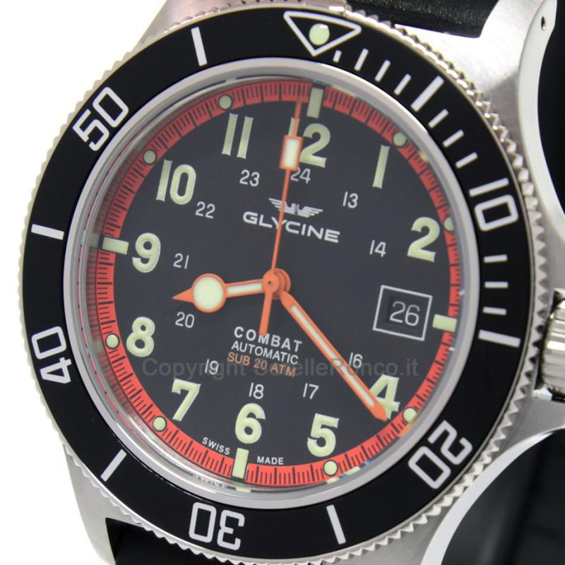 GLYCINE COMBAT SUB NERO BRACCIALE GOMMA 42MM