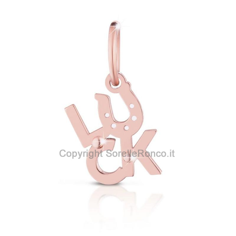 CHARMS LE BEBE SCRITTA LUCK ARGENTO E ORO ROSA